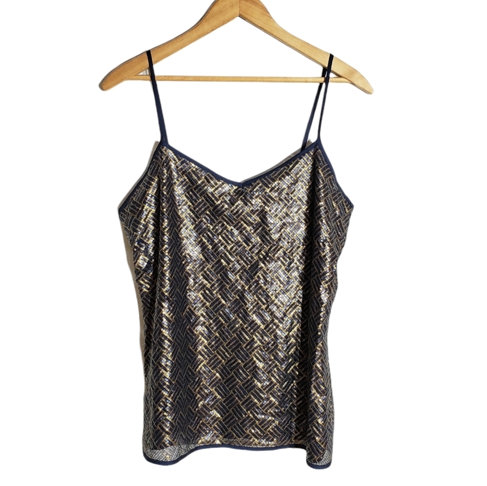 BANANA REPUBLIC Holiday Blue Gold Sequin Camisole Tank Top SZ M